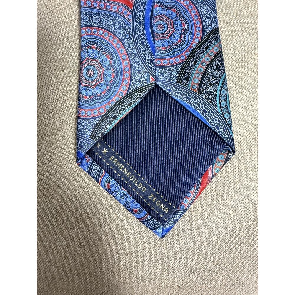 Ermenegildo Zegna Tie Mens One Size Blue Red Geometric Medallion Silk Made Italy - Picture 4 of 7